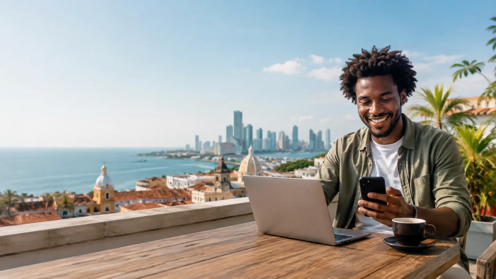 Traveller working remotely with a laptop overlooking a coastal city