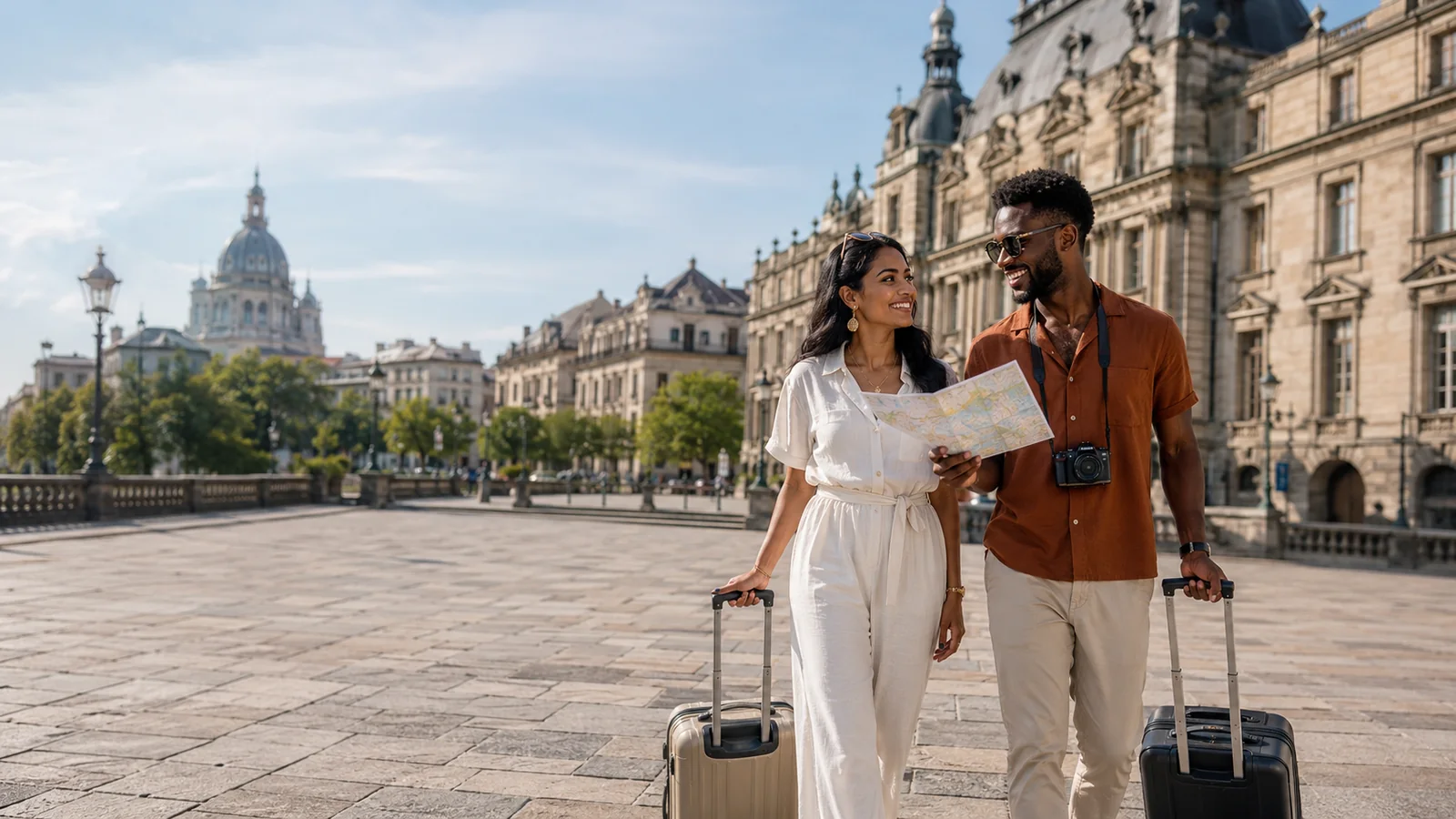 Couple — historic city plaza travel — Barbados travel guide