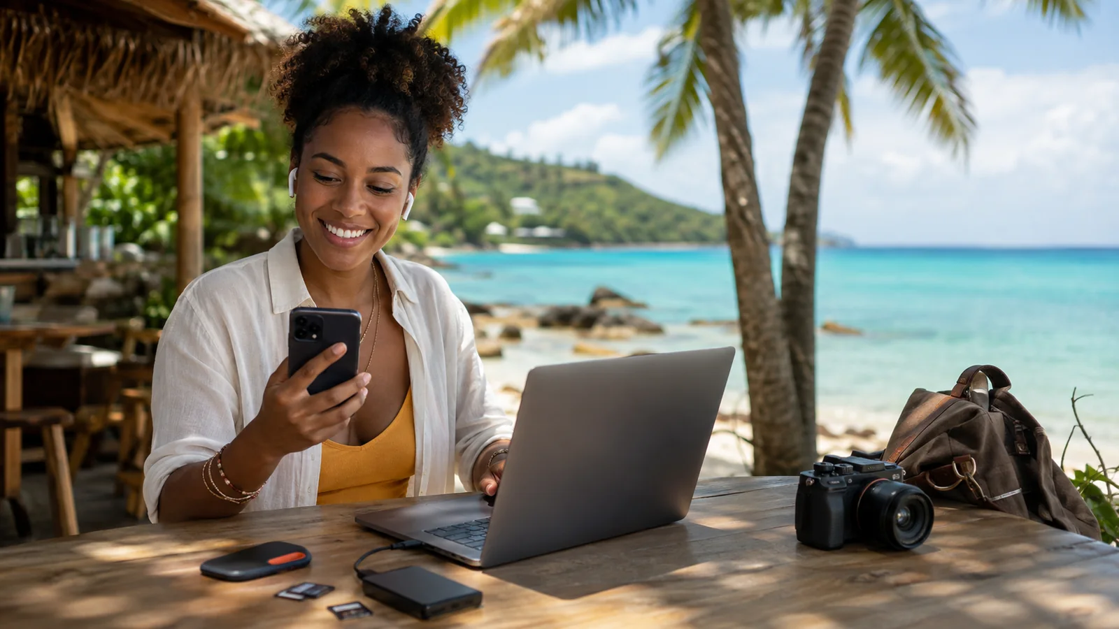 Traveller working with a phone, laptop and camera beside the Caribbean Sea