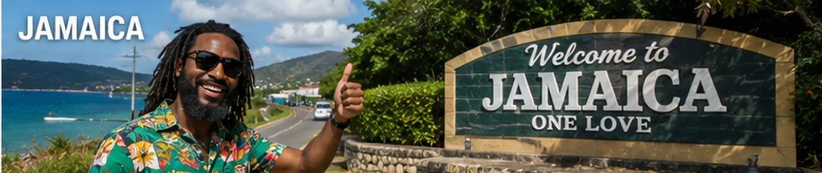 Black Caribbean man — Jamaica welcome landmark and island road — in Jamaica