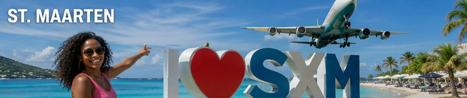 Black Caribbean woman — Sint Maarten airport landmark and beach — in Sint Maarten