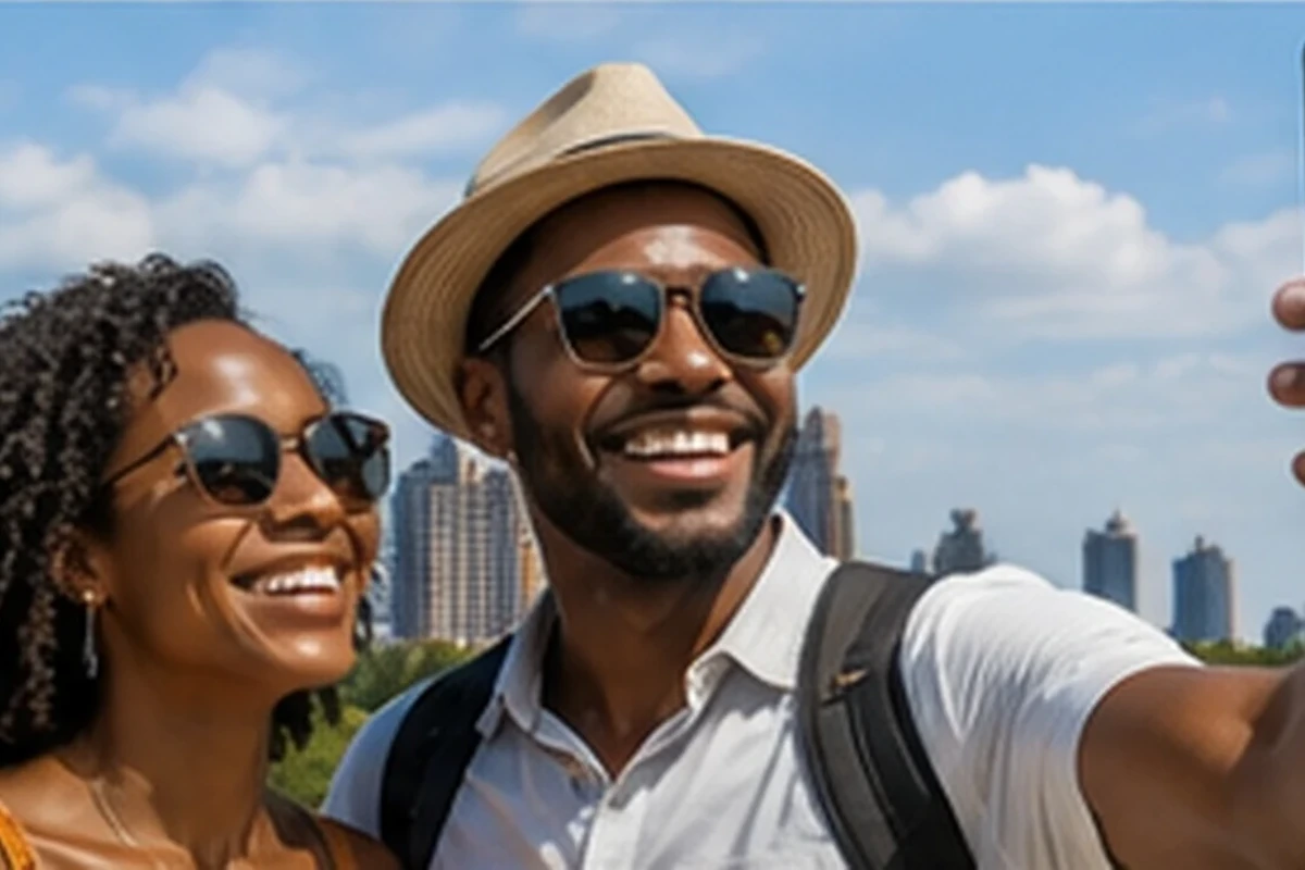 Black Caribbean couple — travellers with the Atlanta skyline — in Atlanta