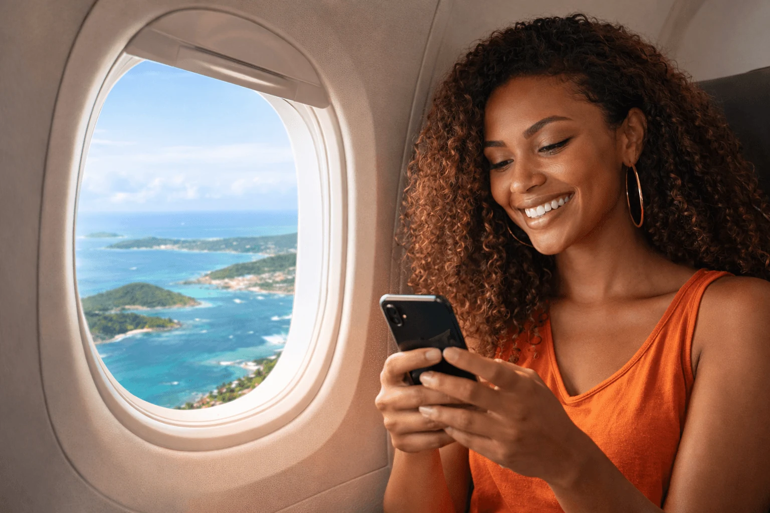 Traveller using her phone in flight while approaching a Caribbean destination