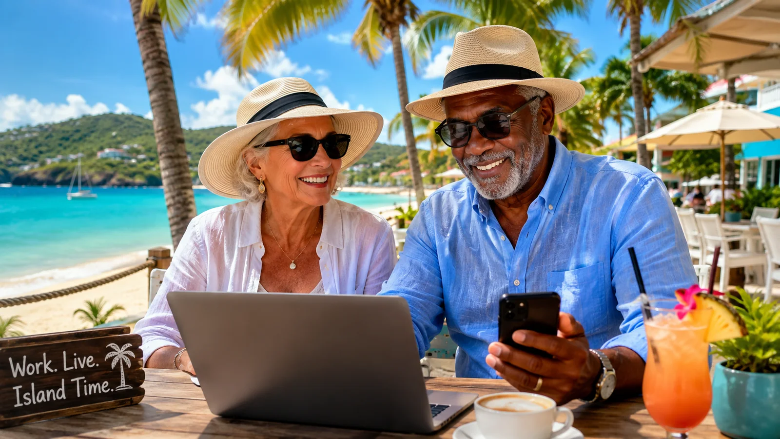 Travellers using phones and a laptop while planning how much mobile data they need for a trip