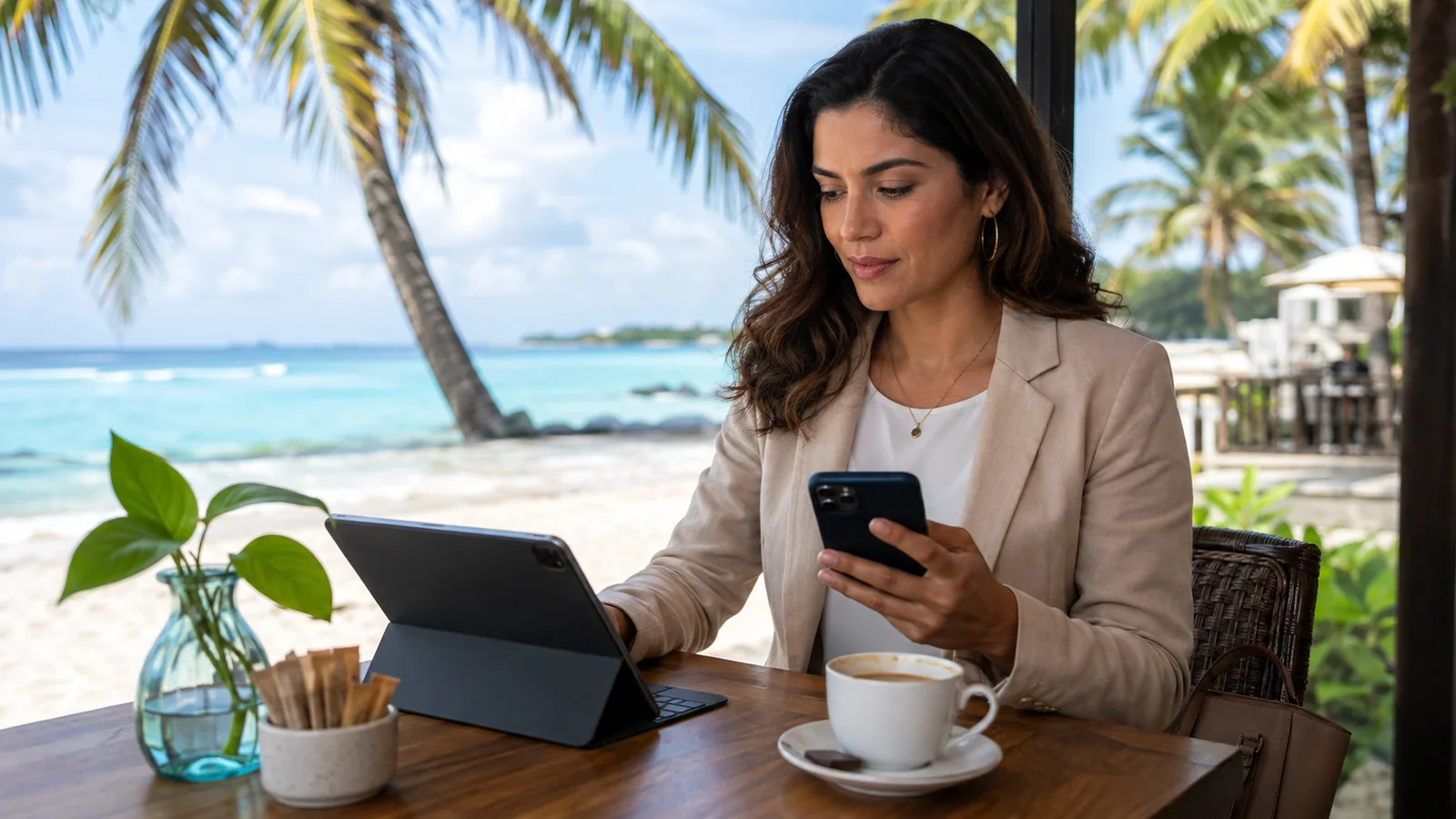 Professional working abroad with mobile data at a beachside café